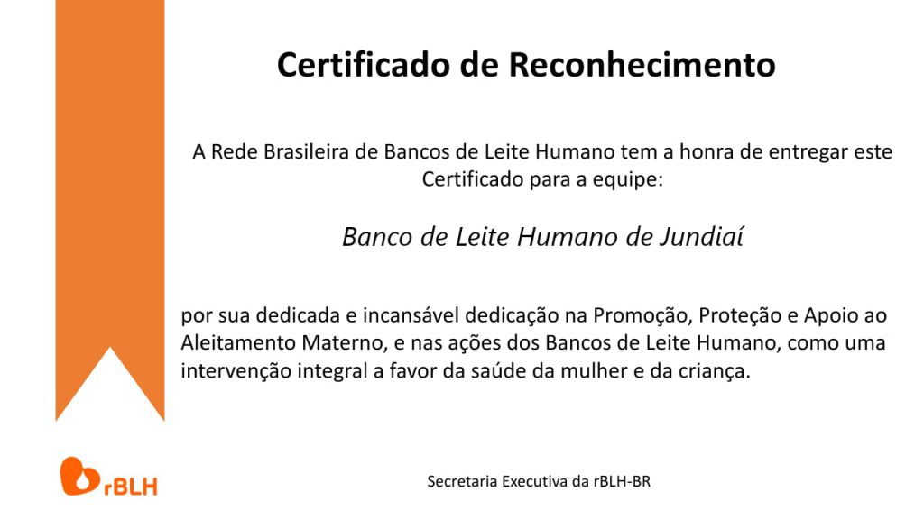 Certificado Reconhecimento Banco De Leite HOSPITAIS BRASIL