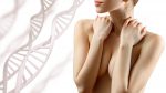 Young naked woman cover breasts among DNA chains.